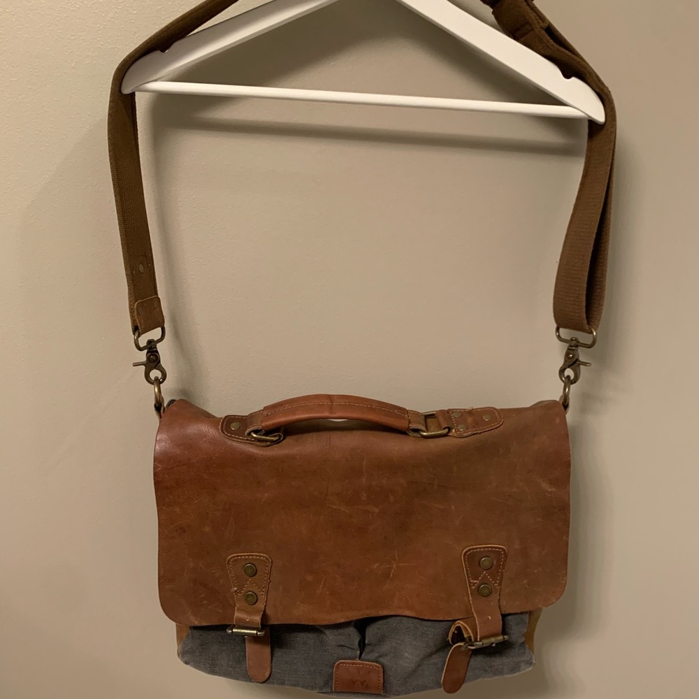 Wowbox brown leather gray canvas bag laptop messenger satchel briefcase tote